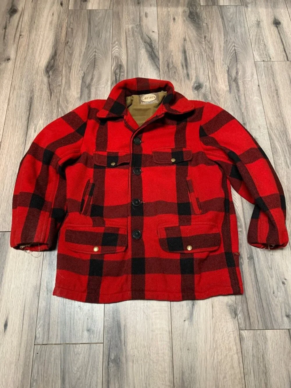 Carters Red & Black Buffalo Plaid Wool Vintage Hunting Jacket M Flaws Mackinaw-s